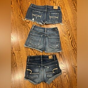 3 pair size 00 denim shorts. Abercrombie and American Eagle.